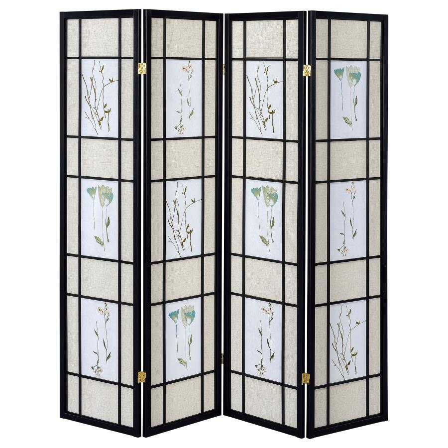Catabella - 4 - Panel Room Divider Folding Shoji Screen Floral - Black