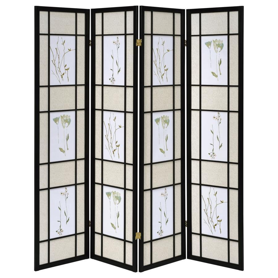 Catabella - 4 - Panel Room Divider Folding Shoji Screen Floral - Black