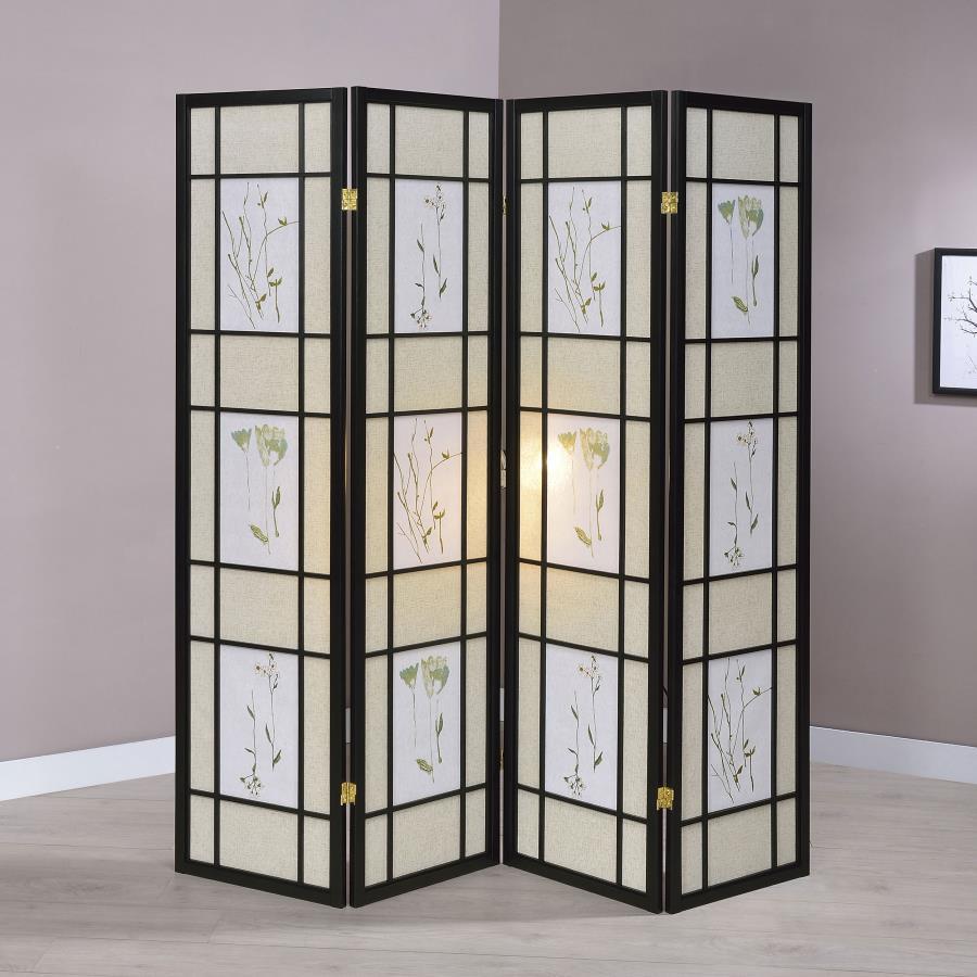 Catabella - 4 - Panel Room Divider Folding Shoji Screen Floral - Black
