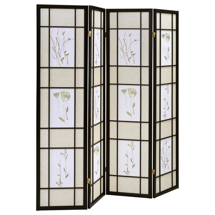 Catabella - 4 - Panel Room Divider Folding Shoji Screen Floral - Black
