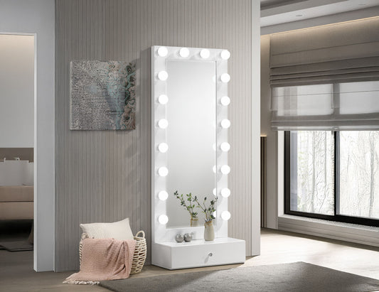 Luxo - Tall Lighted Drawer Vanity Mirror - White