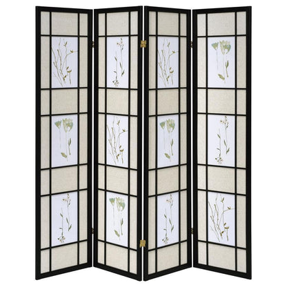 Catabella - 4 - Panel Room Divider Folding Shoji Screen Floral - Black