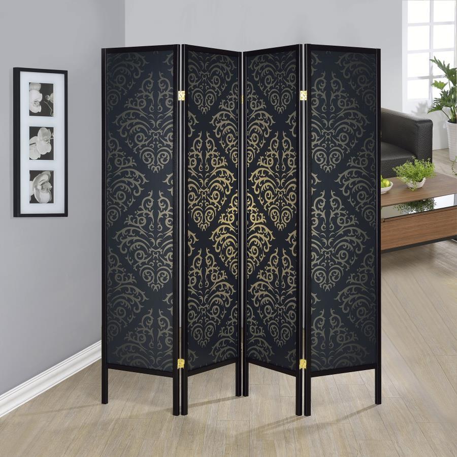 Haidera - 4 - Panel Room Divider Folding Screen - Black Damask