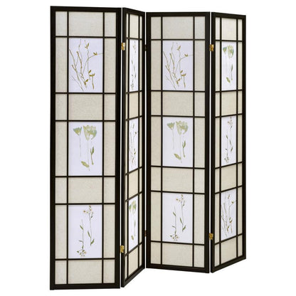 Catabella - 4 - Panel Room Divider Folding Shoji Screen Floral - Black