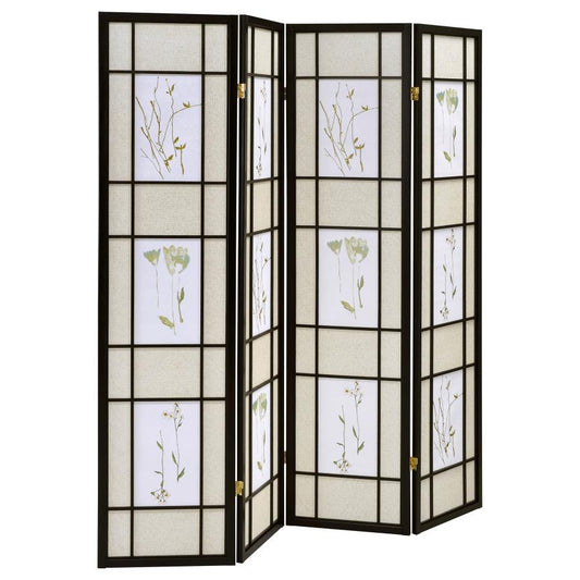 Catabella - 4 - Panel Room Divider Folding Shoji Screen Floral - Black