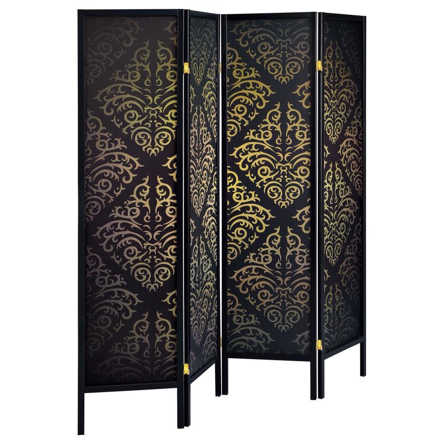 Haidera - 4 - Panel Room Divider Folding Screen - Black Damask