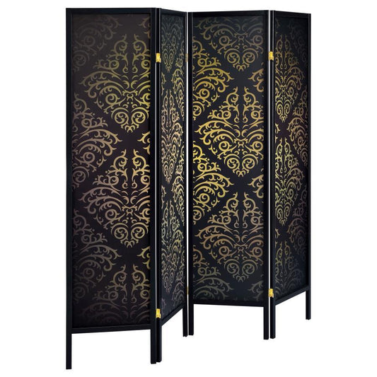 Haidera - 4 - Panel Room Divider Folding Screen - Black Damask